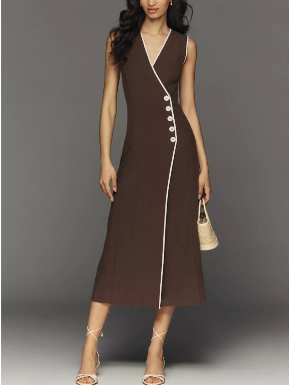 *Petite* Anthropologie Mare Mare Linen Asymmetric Button Midi Dress Hot Fudge - Picture 2 of 4